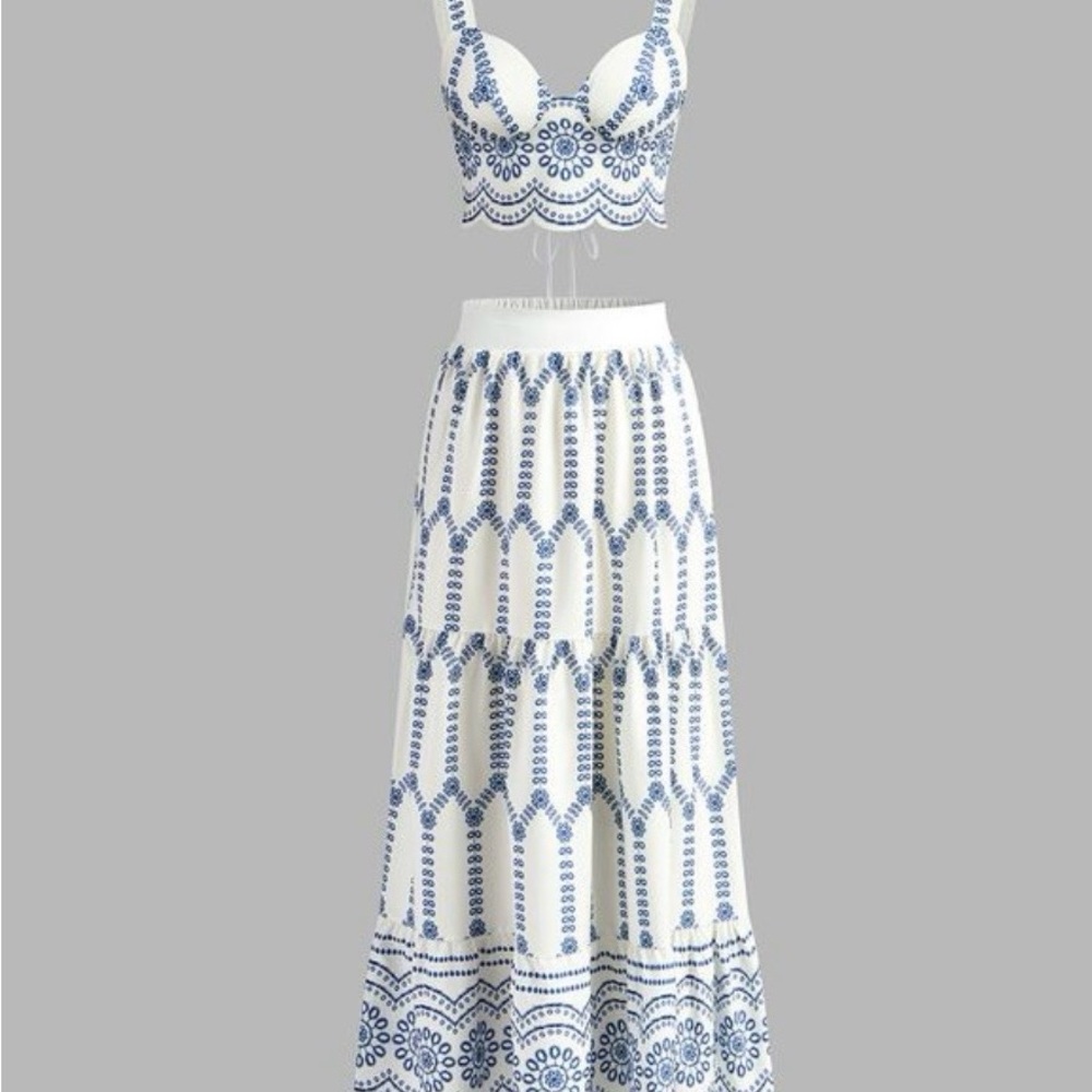 Commense Blue and White Skirt Set